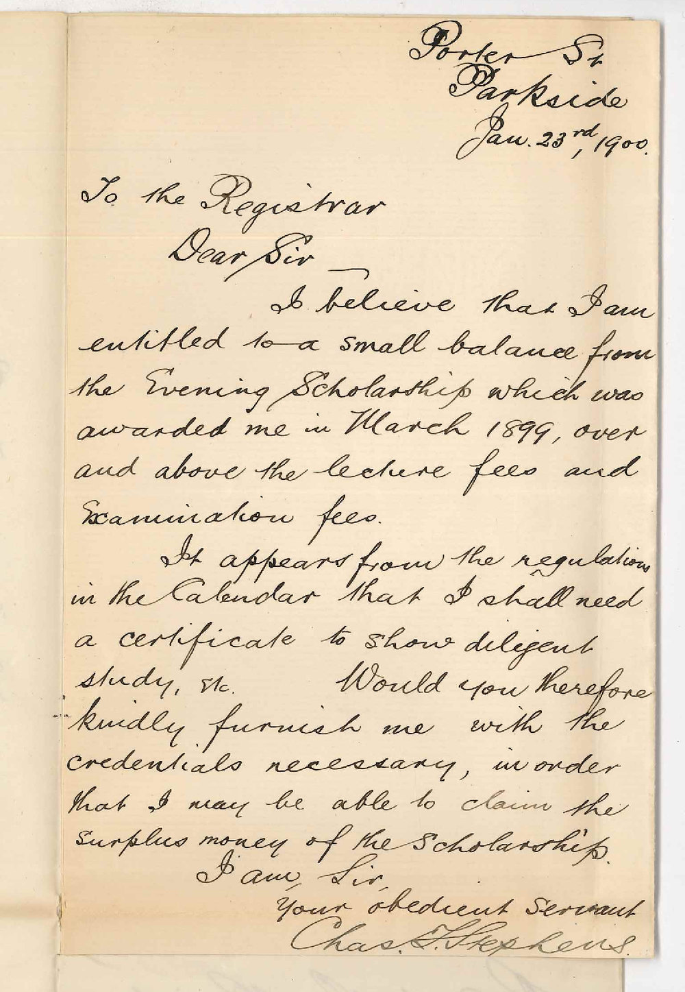 Charles Francis Stephens - Parkside - Request for surplus of Evening Scholarship