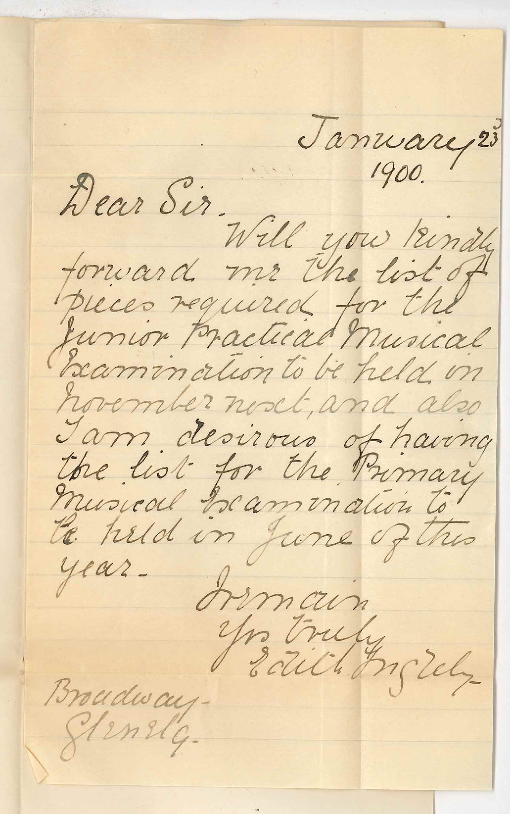 Miss E Ingleby - Glenelg - Requesting Syllabus of Music Examinations