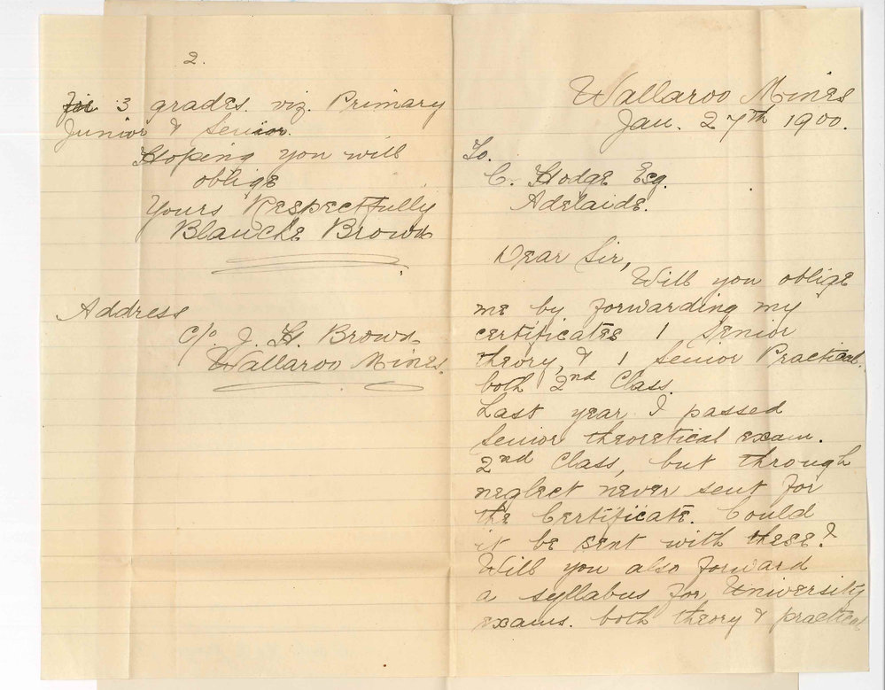 Miss Blanche Brown - Wallaroo Mines - Requesting Certificates