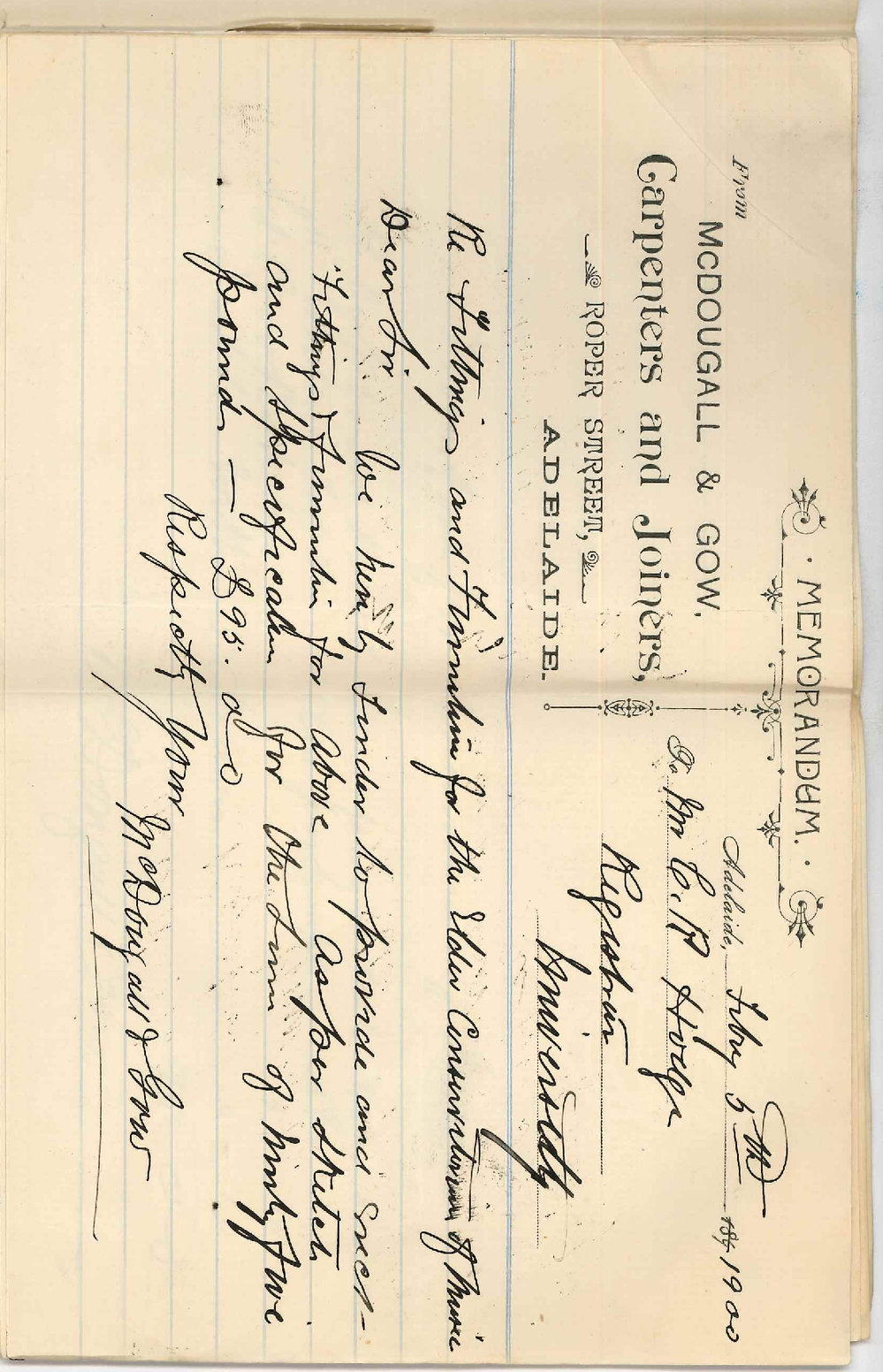 L Harris McDougall - Gow Moss and Watts - W C Torode - S Mayfield and Sons - Adelaide - Tender for furniture for Conservatorium