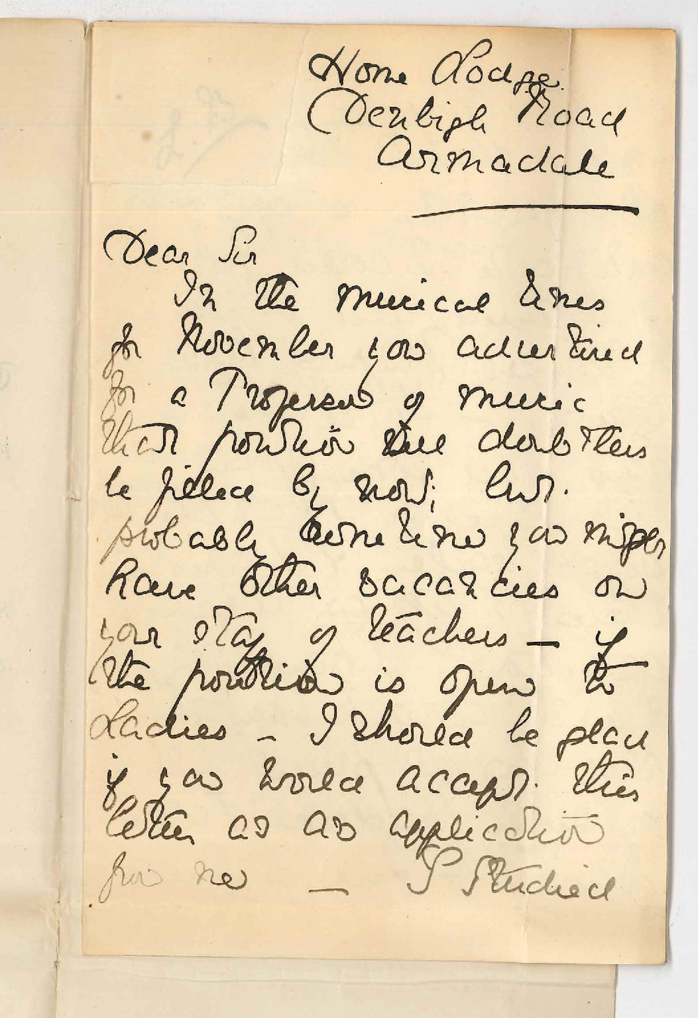 Miss Lucy Bristow - Armadale - Application for position as Teacher in the Conservatorium