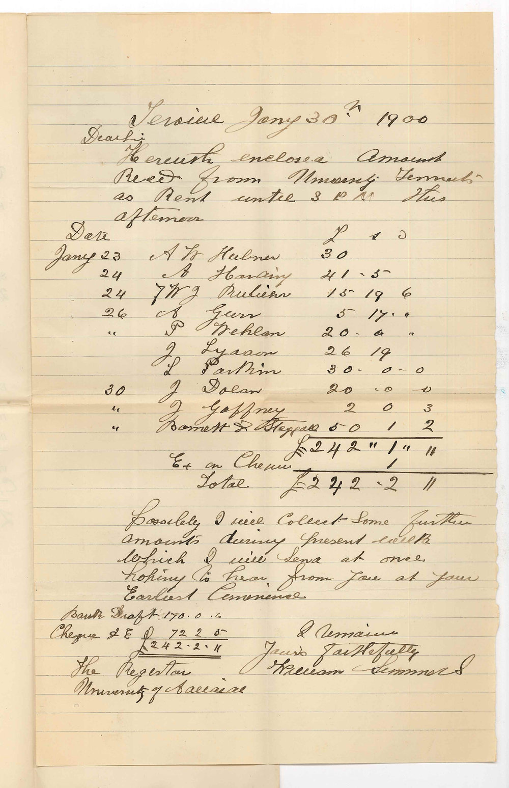 William Summers - Terowie - Forwarding rents from Terowie Tenants