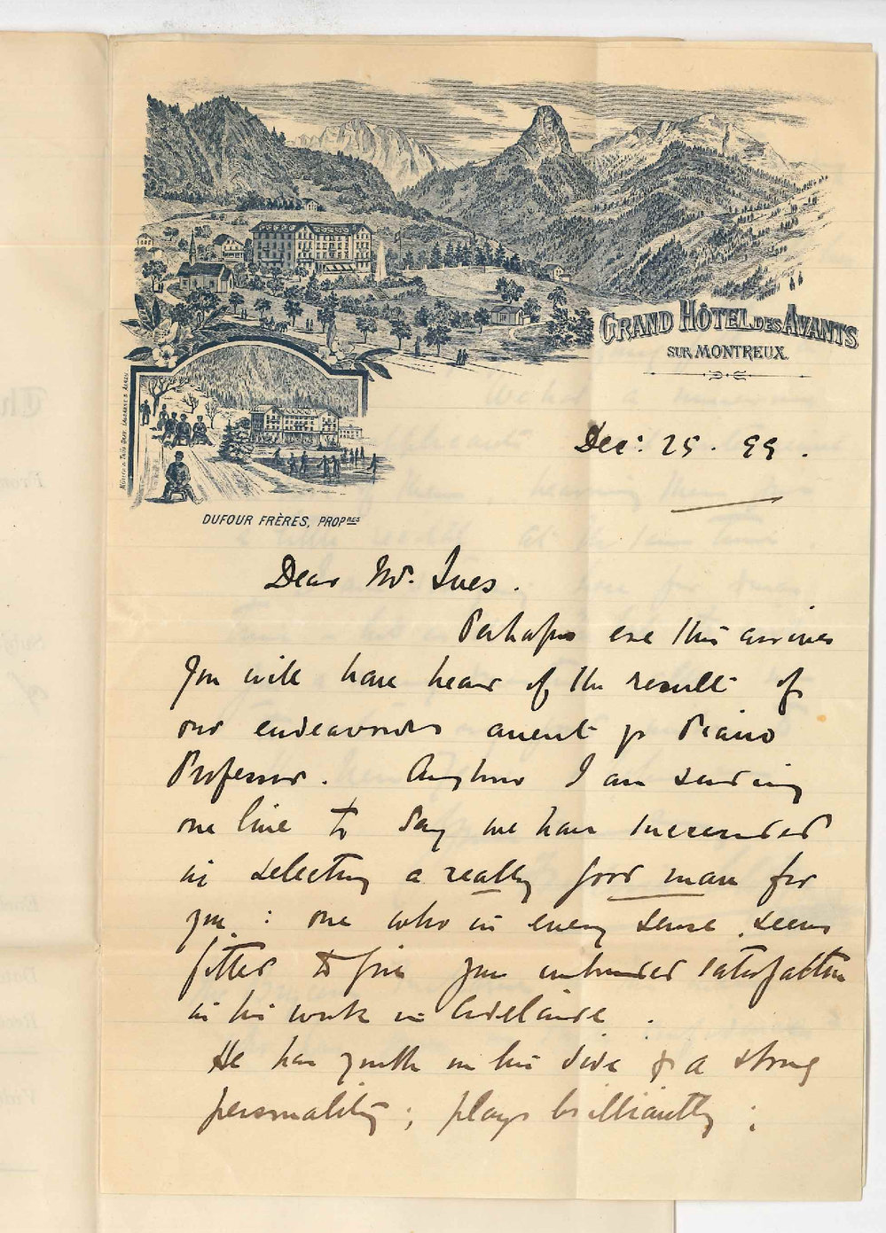 Frederic Cliffe - Concerning appointment of Teacher of Pianoforte