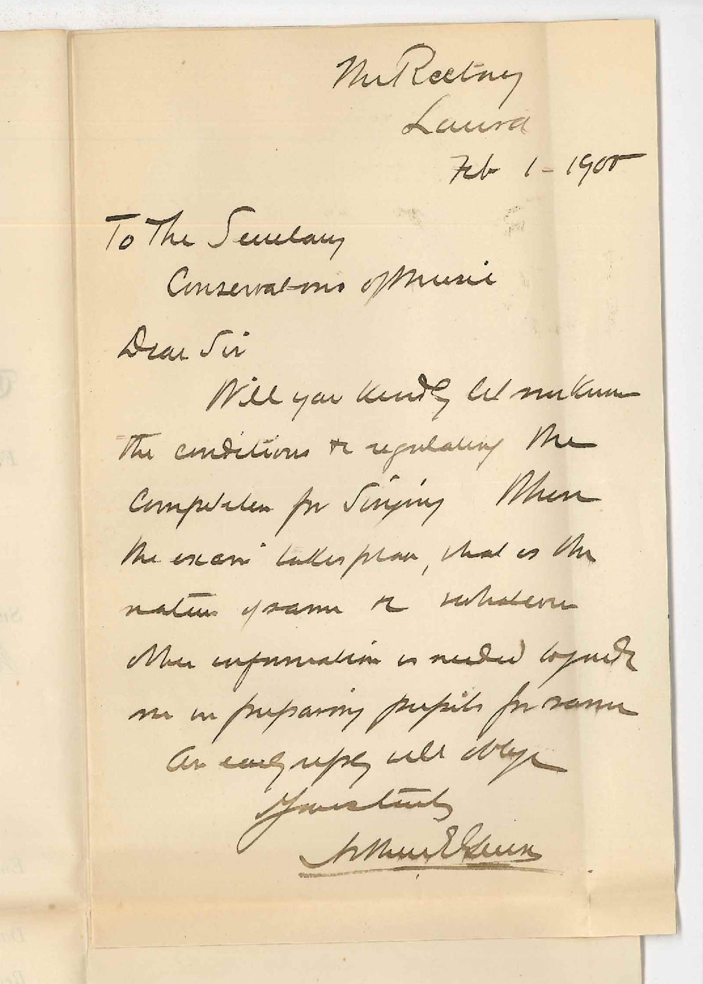 Reverend A E Green - Laura - Information concerning Music Examinations