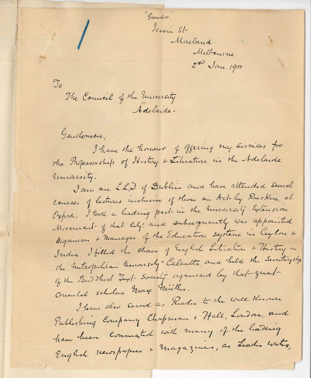 J B Daly - Melbourne - Application for Professorship of History