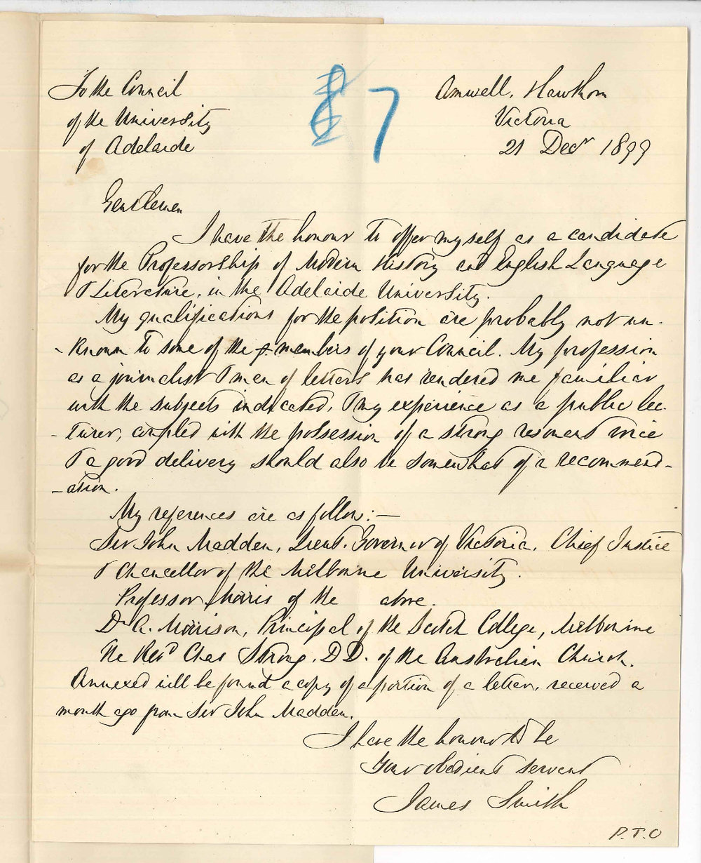 James Smith - Victoria - Application for Professorship of History