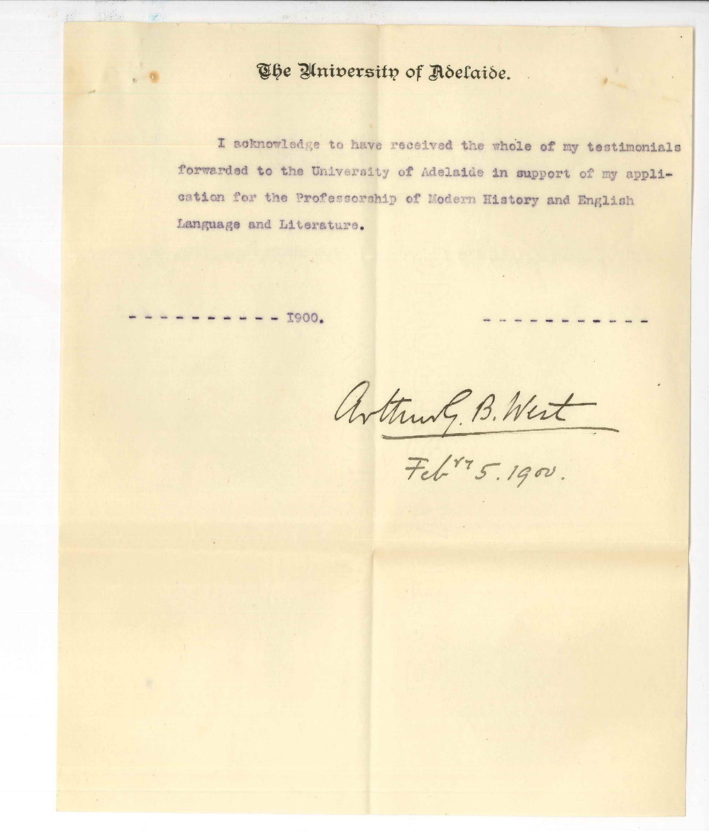 Reverend Arthur G B West - Unley - Application Professorship of History