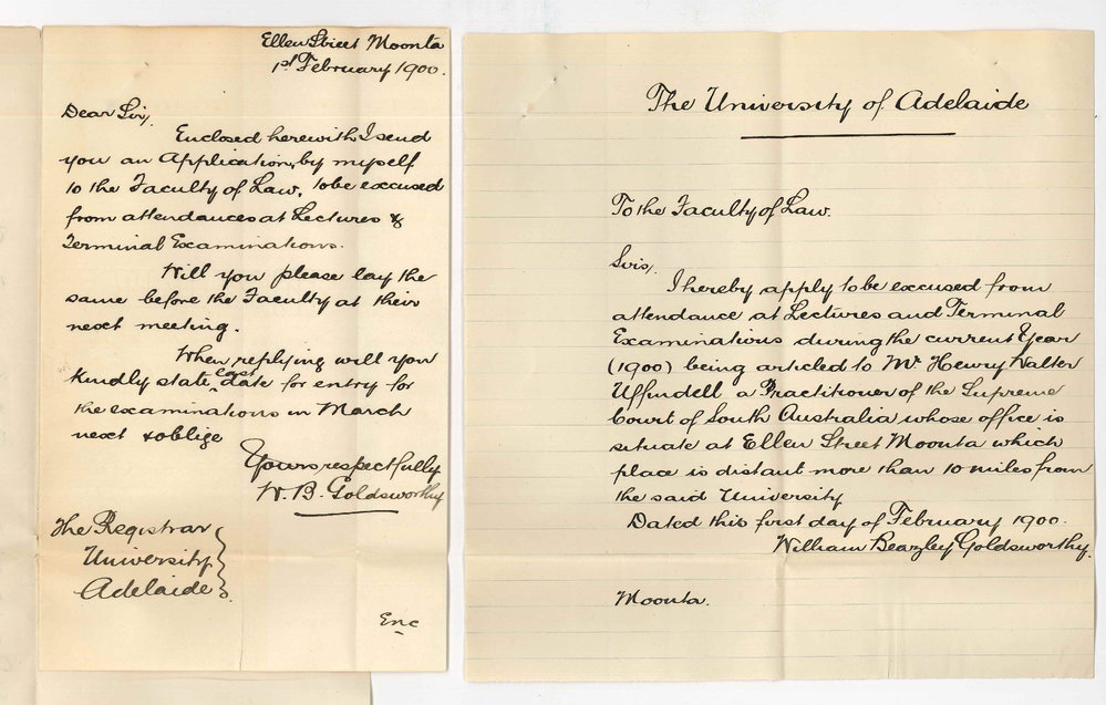 William Beazley Goldsworthy - Moonta - Application for exemption from attendance at lectures