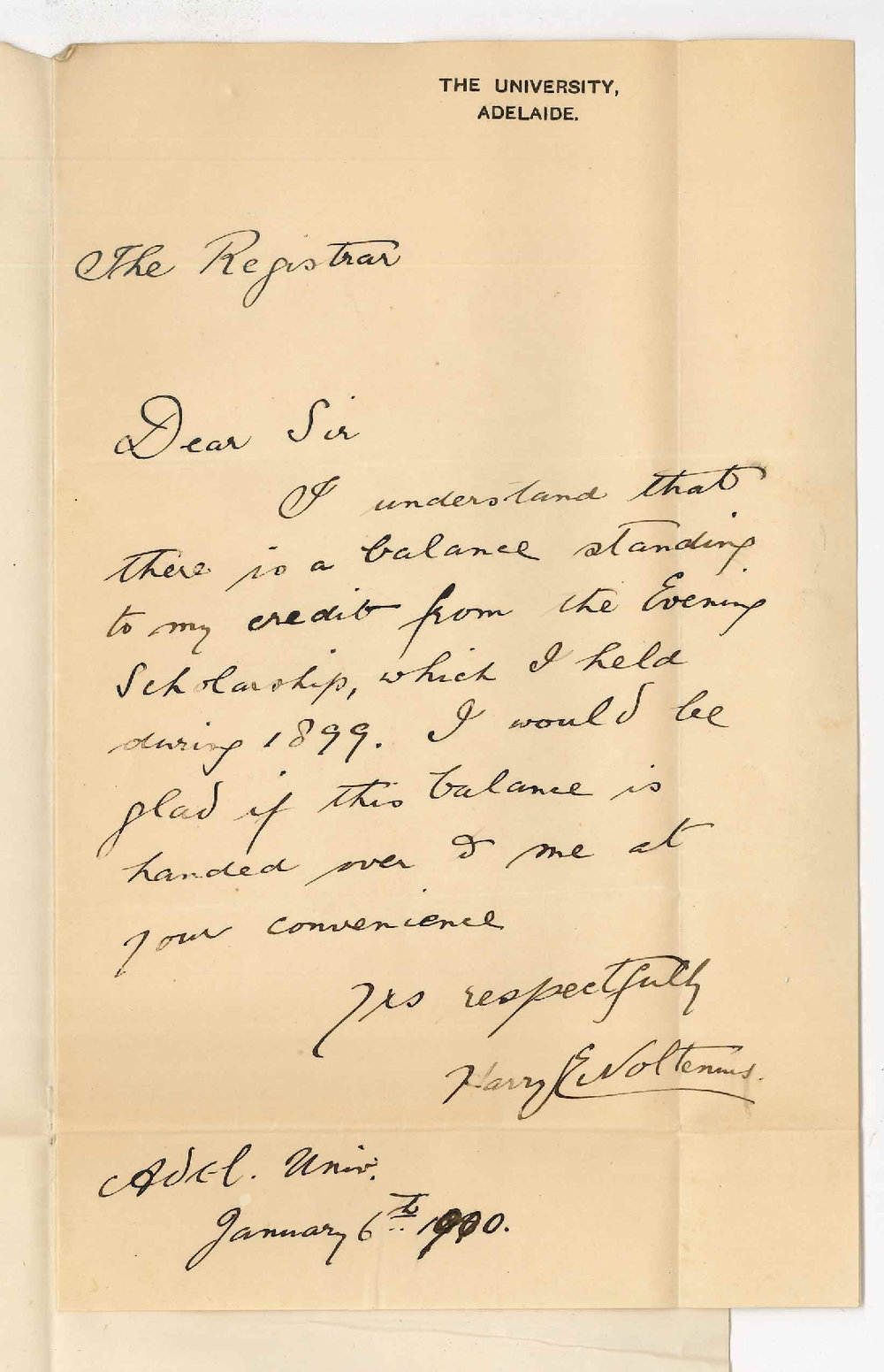 Harry E Noltenius - The University - Request for surplus of Evening Scholarship