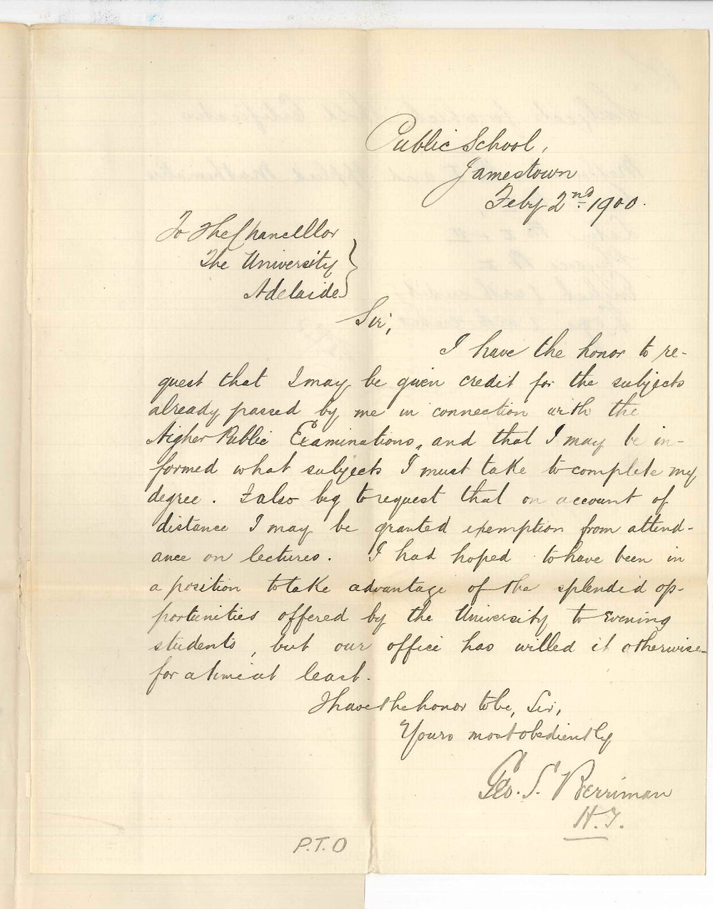 George S Berriman - Public School Jamestown - Credit for subjects passed under Higher Public Regulations