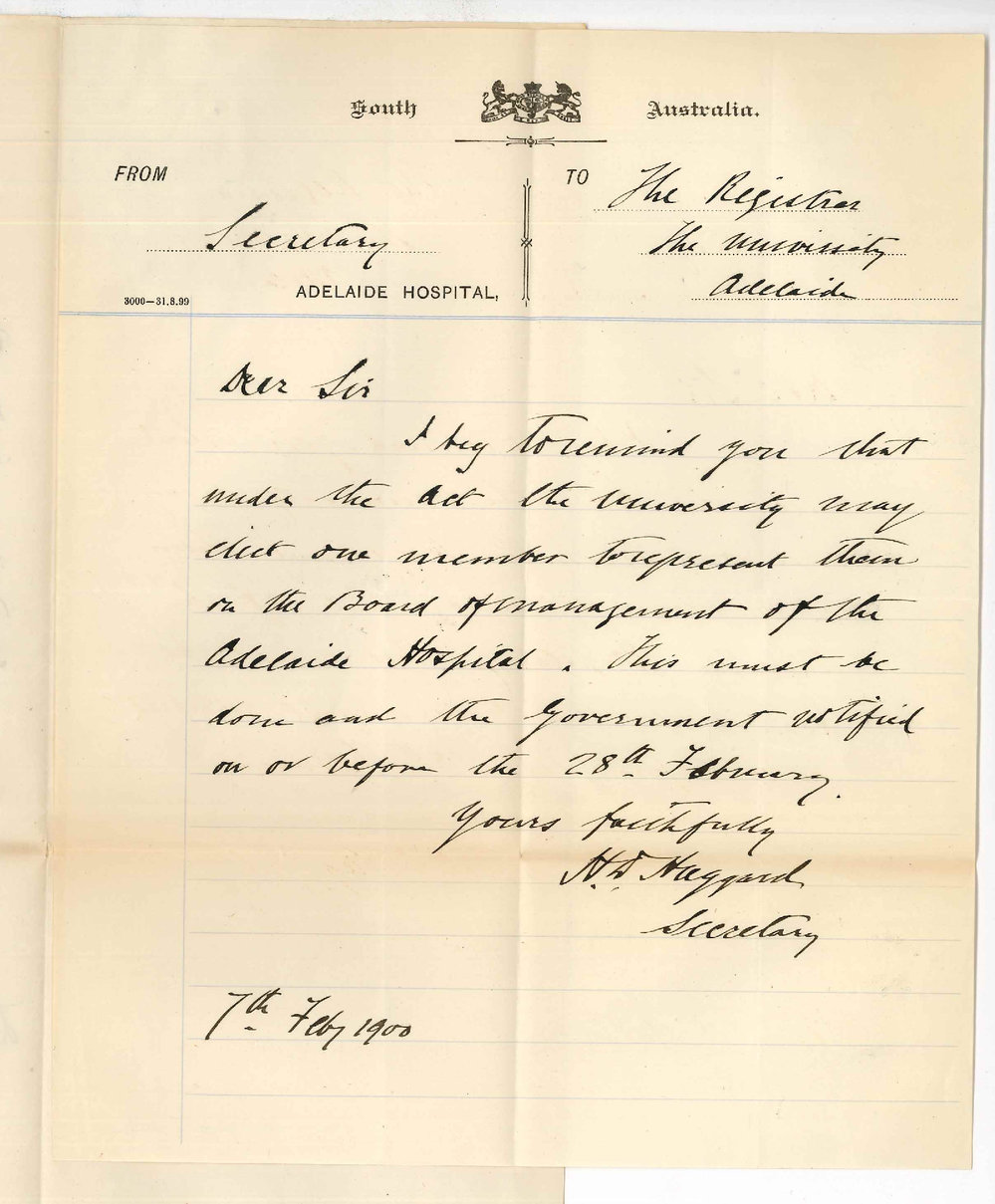 H D Haggard - Adelaide Hospital - Election of Representative of University on the Hospital Board