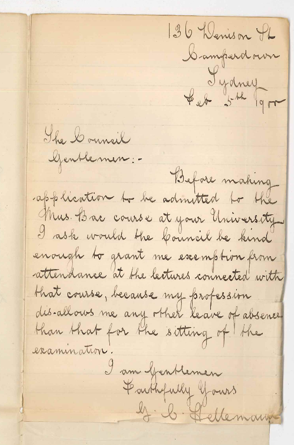 G C Hellemann - Camperdown Sydney - Exemption attendance on Lectures of Mus Bac Course