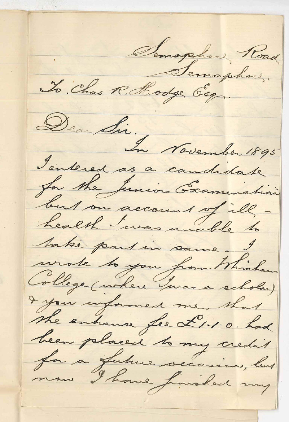Austin G Freer - Semaphore - Fee paid Junior Public Examination 1895