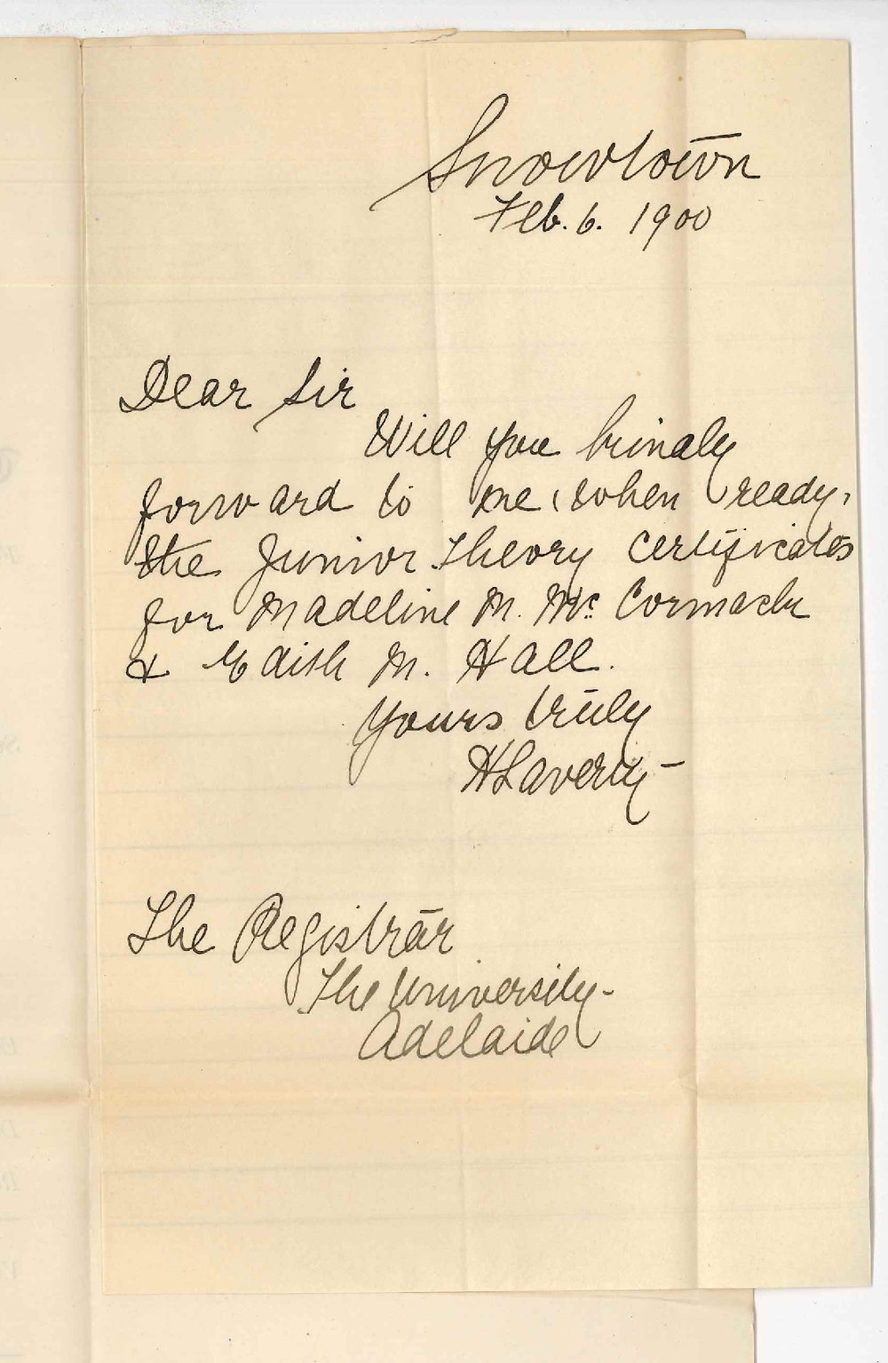 Miss H Laverty - Snowtown - Requesting Certificates