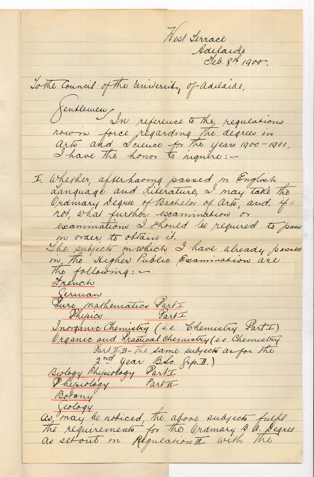 Miss W S H Heynemann - West Terrace Adelaide - Credit for Subjects passed in BA and BSc Course