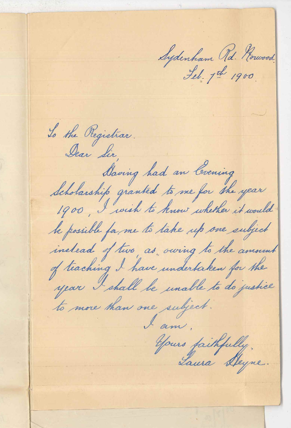 Miss Laura Heyne - Norwood - Concerning Evening Scholarship