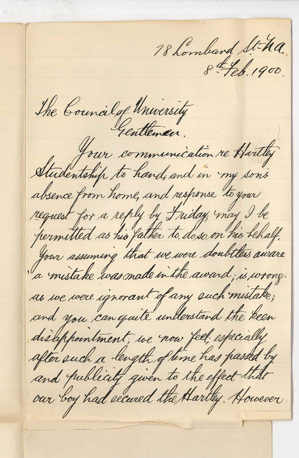 James Priest - North Adelaide - Concerning sons position and Hartley Scholarship