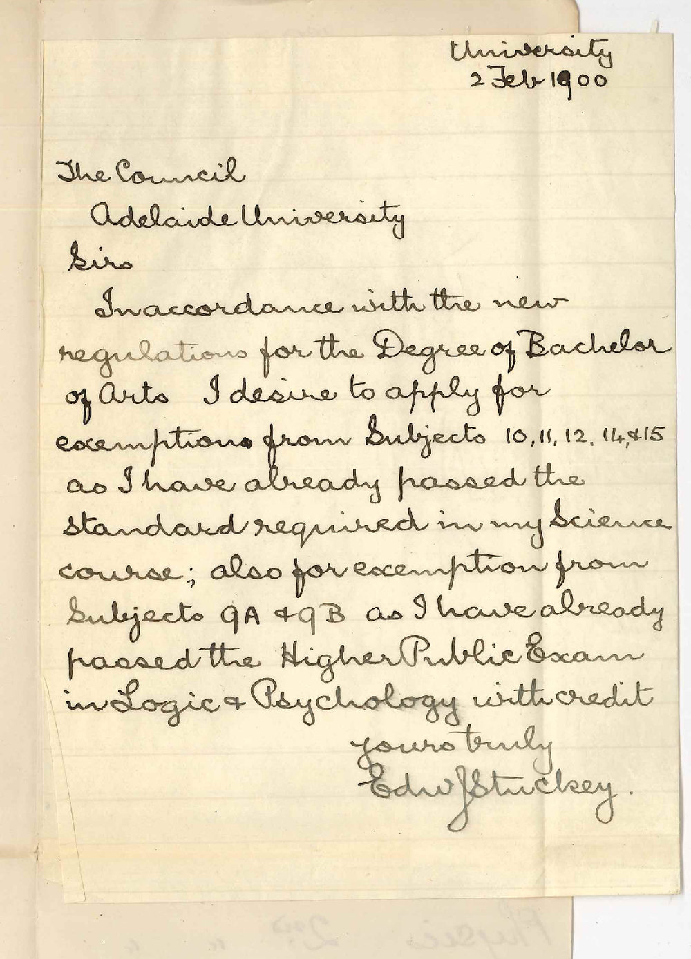 Edward J Stuckey - The University - Credit for Subjects passed in Science Course and under Higher Public Regulations