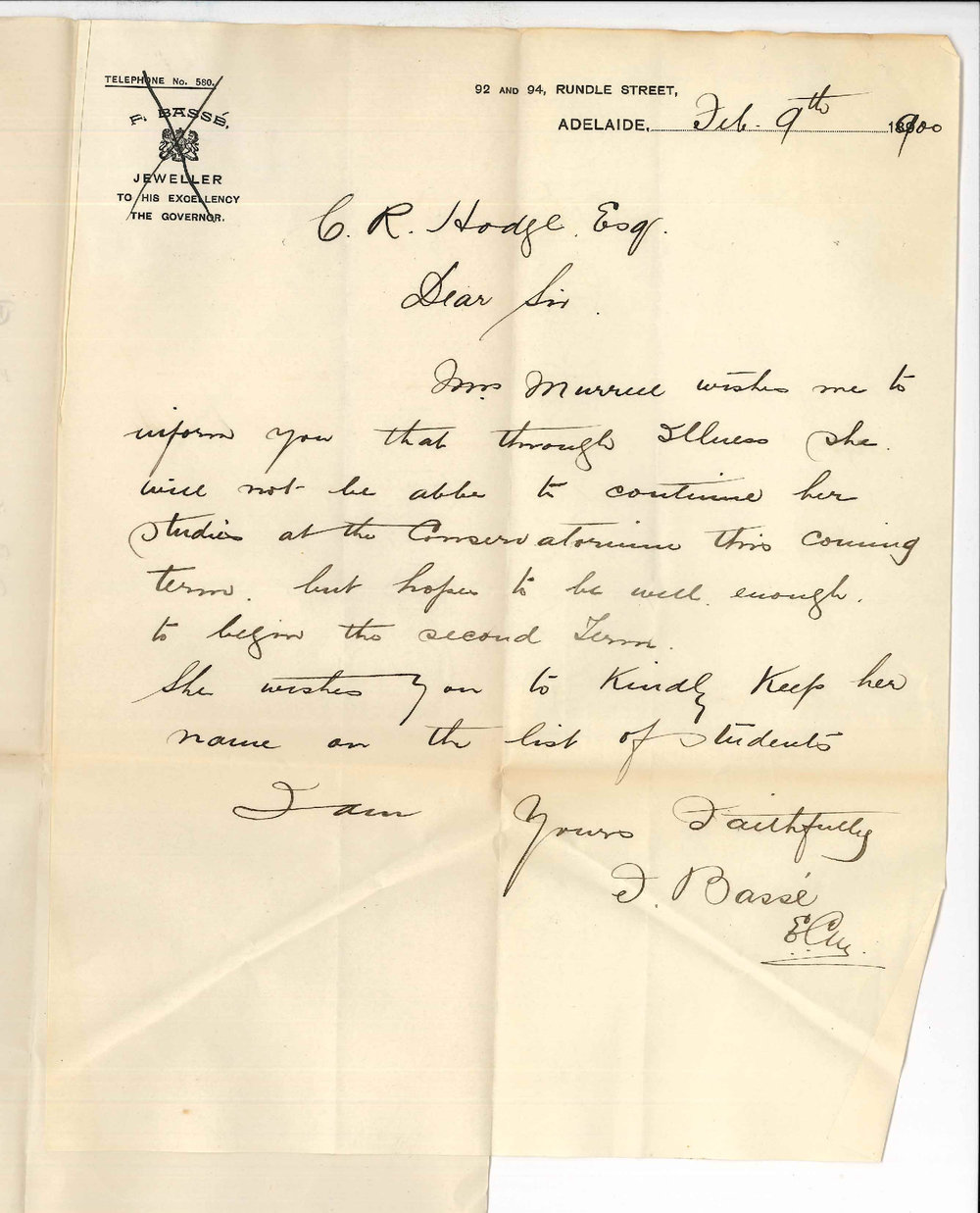 F Basse - Adelaide - Mrs Murrell will not continue lessons at the Conservatorium
