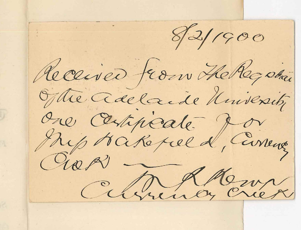 Miss Marion Kirkwood Kemp - Currency Creek - Acknowledging receipt of Miss Wakefields Music Certificate