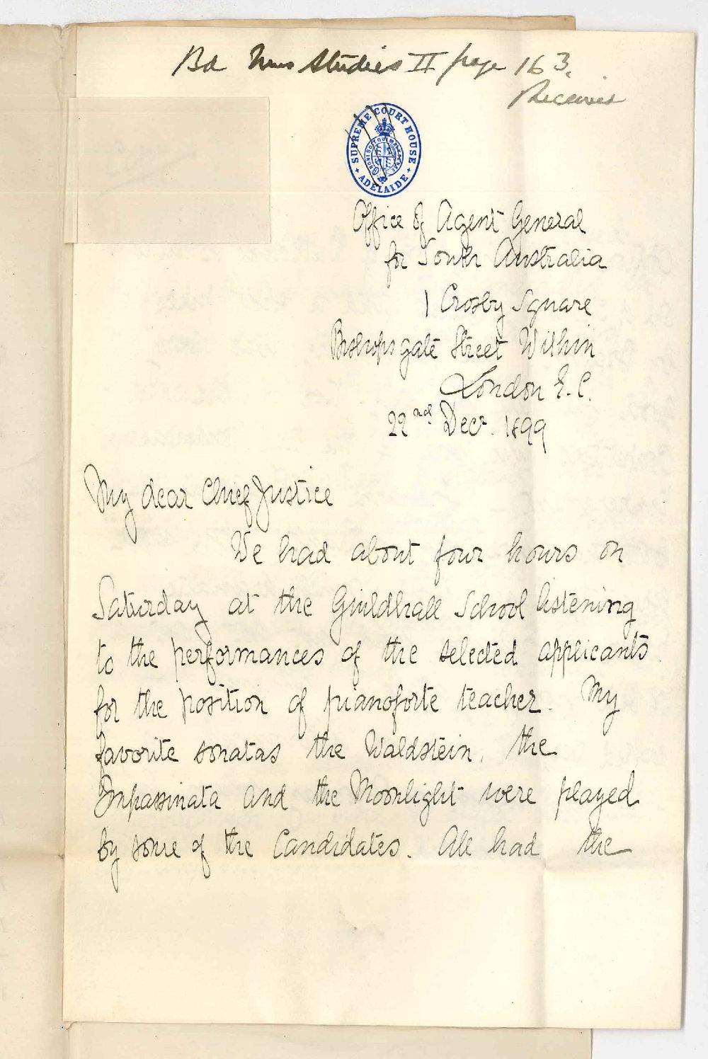 Sir John Cockburn - London - To The Chancellor - Concerning appointment of Treharne Teacher of Pianoforte