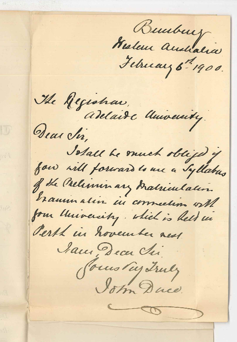 John Duce - Bunbury WA - Requesting particulars of Senior Public Examination