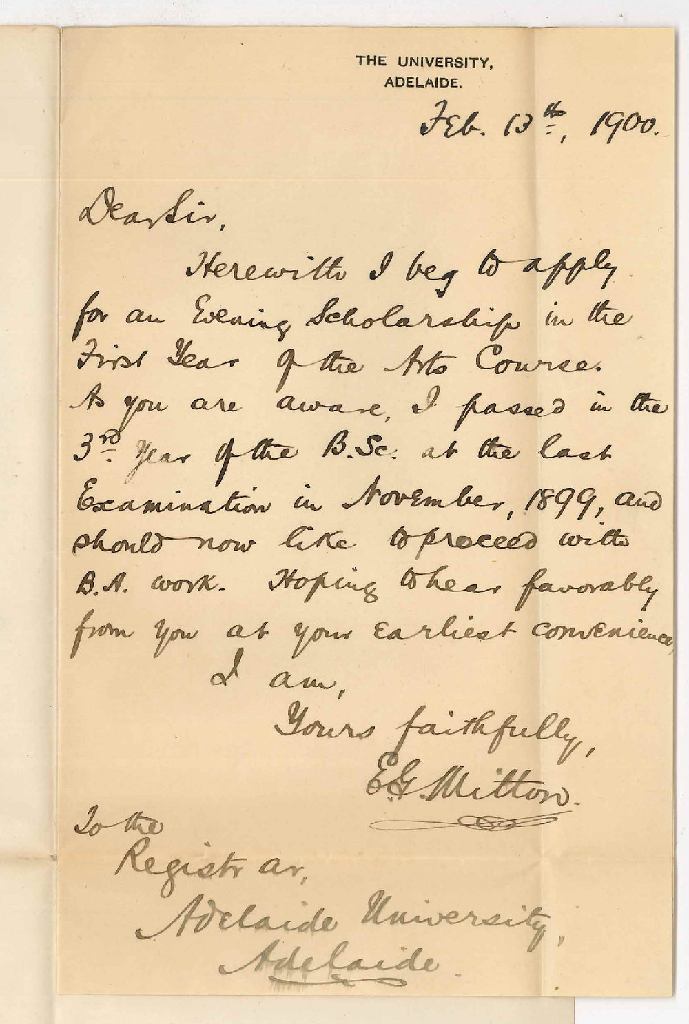 Ernest G Mitton - Prince Alfred College - Application for Evening Scholarship