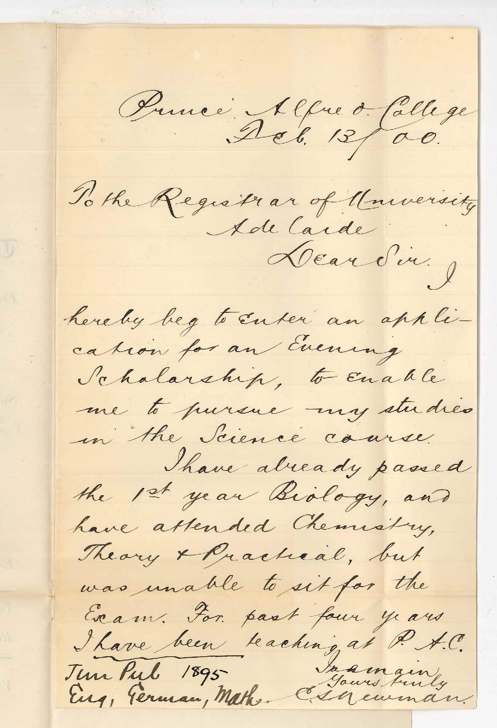Charles Stanley Newman - Prince Alfred College - Application for Evening Scholarship