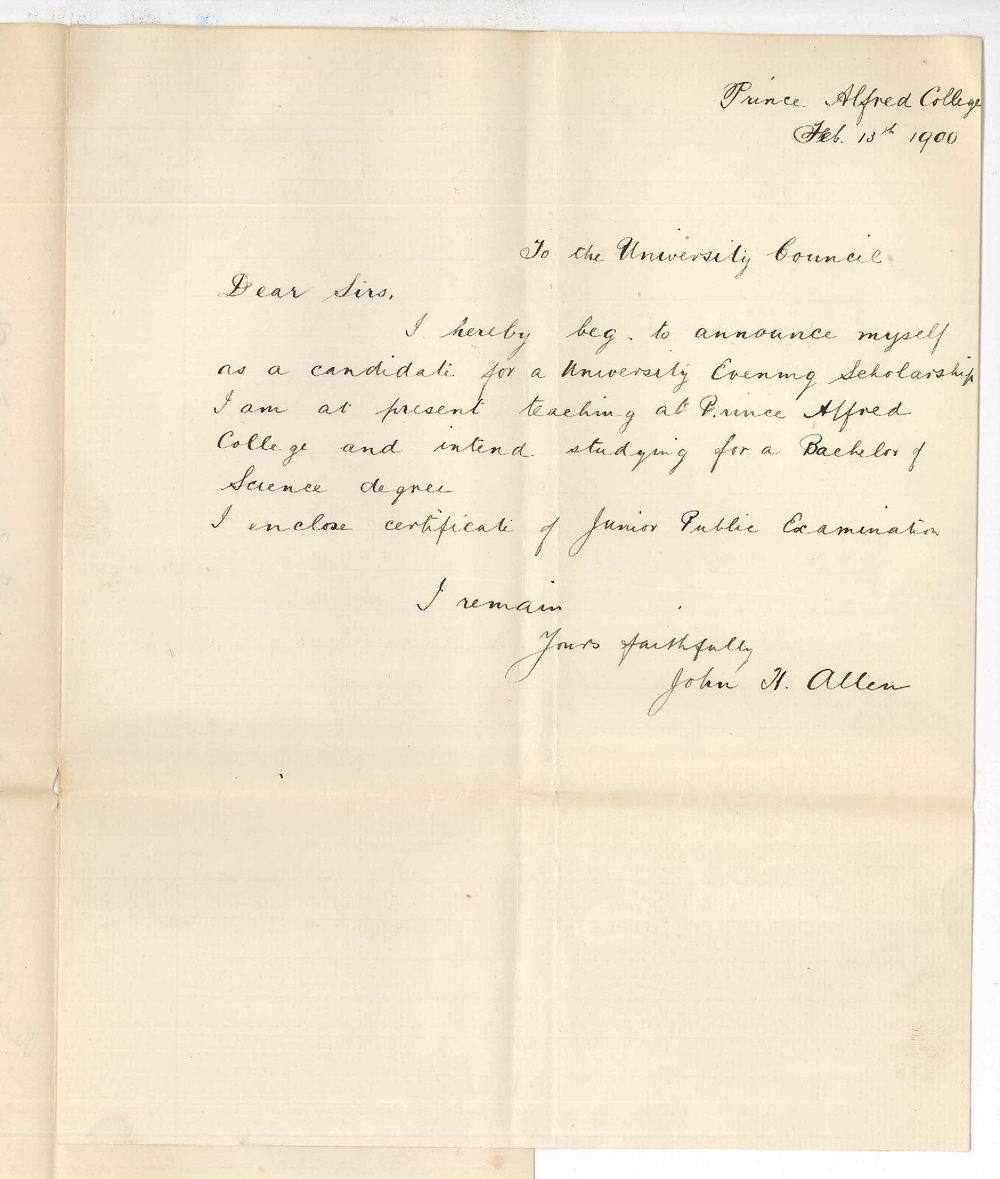 John H Allen - Prince Alfred College - Application for Evening Scholarship