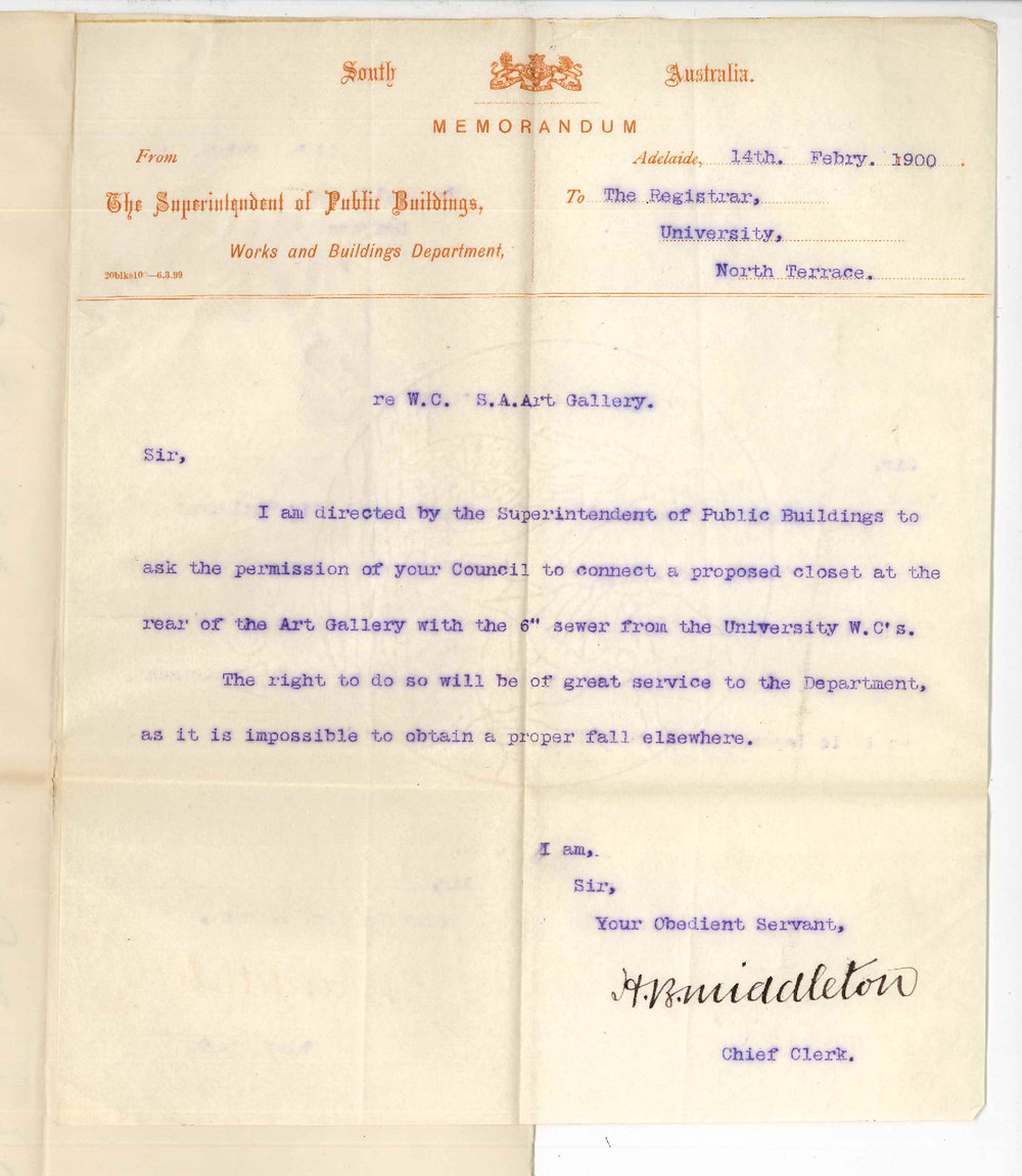 H B Middleton - Superintendent of Public Buildings - Adelaide - Concerning WC SA Art Gallery