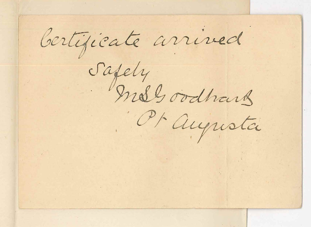 Miss M L Goodhart - Port Augusta - Acknowledging receipt of Certificate