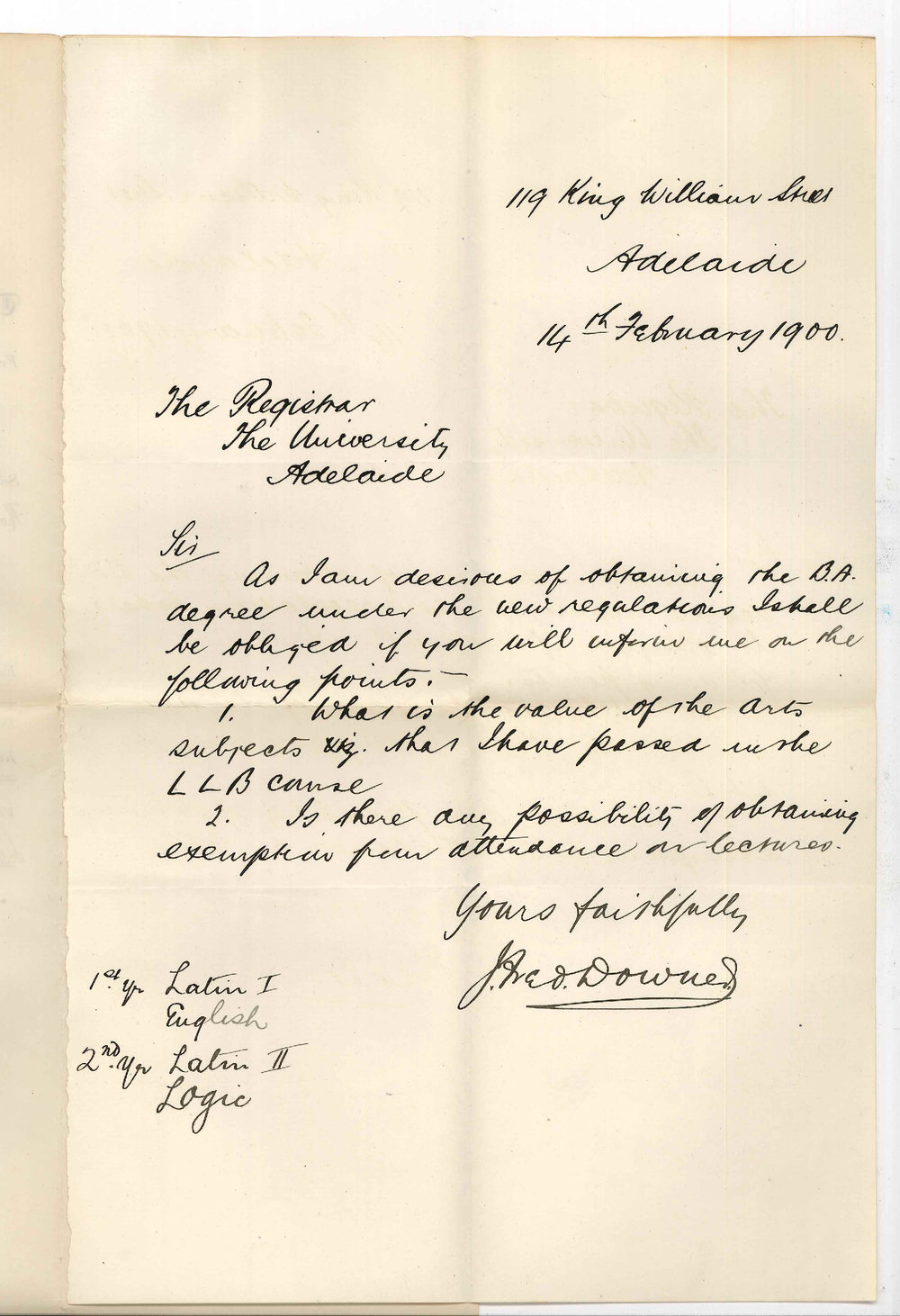 James Frederick Downer - Adelaide - Concerning new BA Regulations