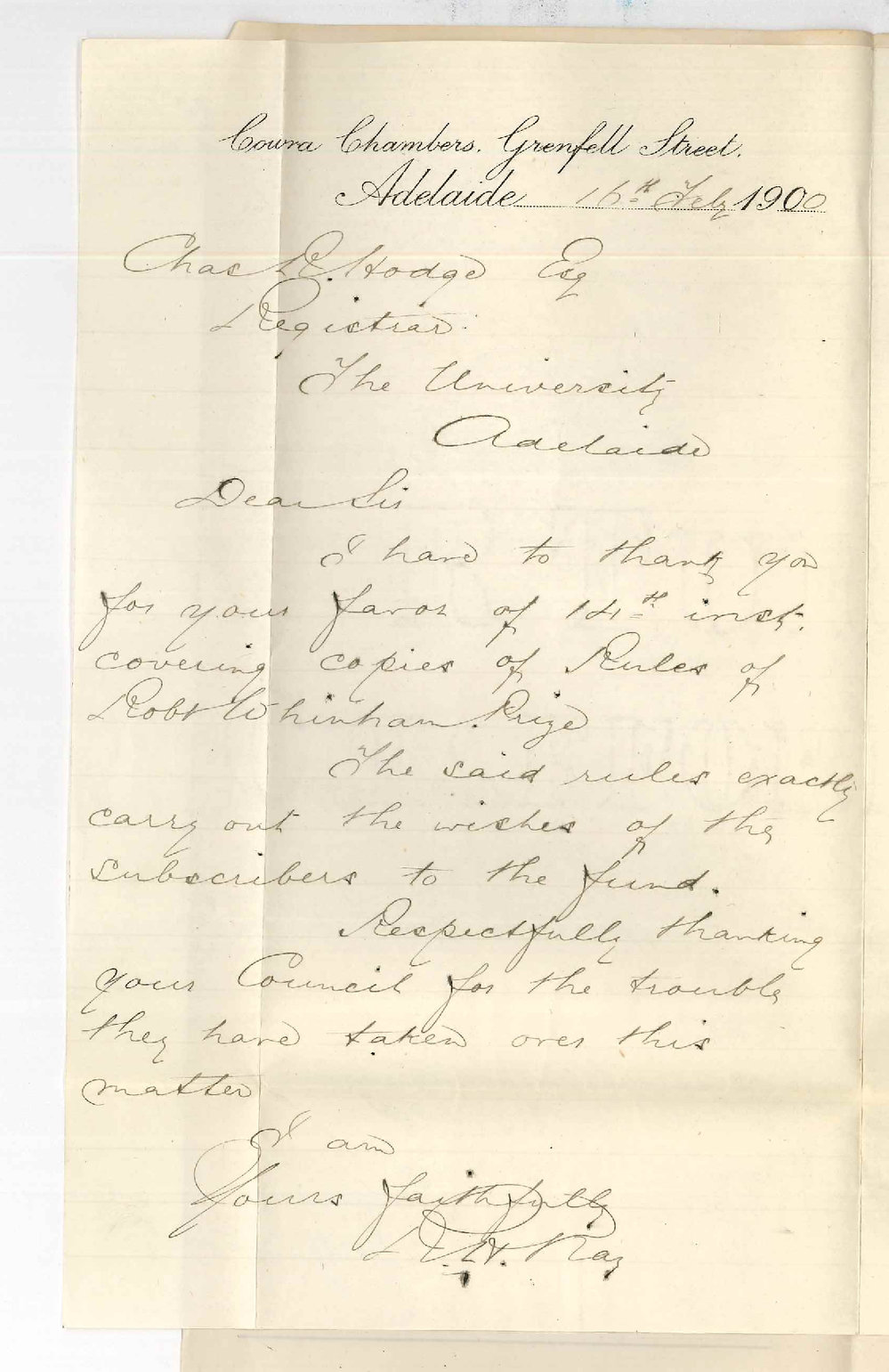 R H Kay - Adelaide - Approving regulations of Robert Whinham Prizes in Elocution