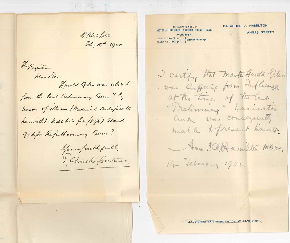 T Ainslie Caterer - St Peters College - Concerning fee paid by H Giles Preliminary Examination September 1899