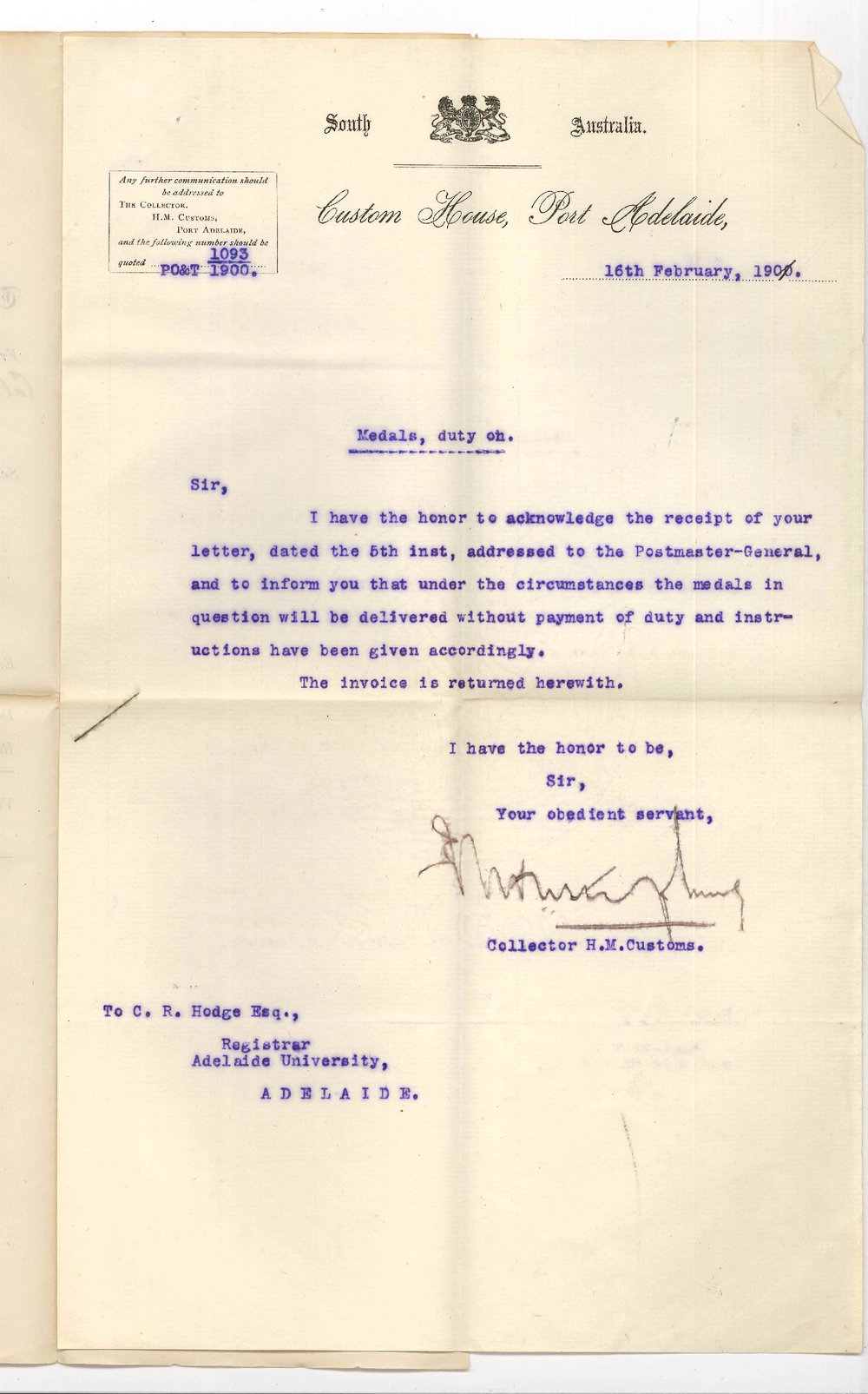 T N Stephens - Collector H M Customs - Duty on Stow Medals