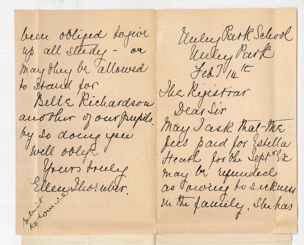 Miss Ellen Thornber - Unley Park School - Transfer of fees paid by E Heath September 1899 Preliminary to B Richardson March Preliminary 1900