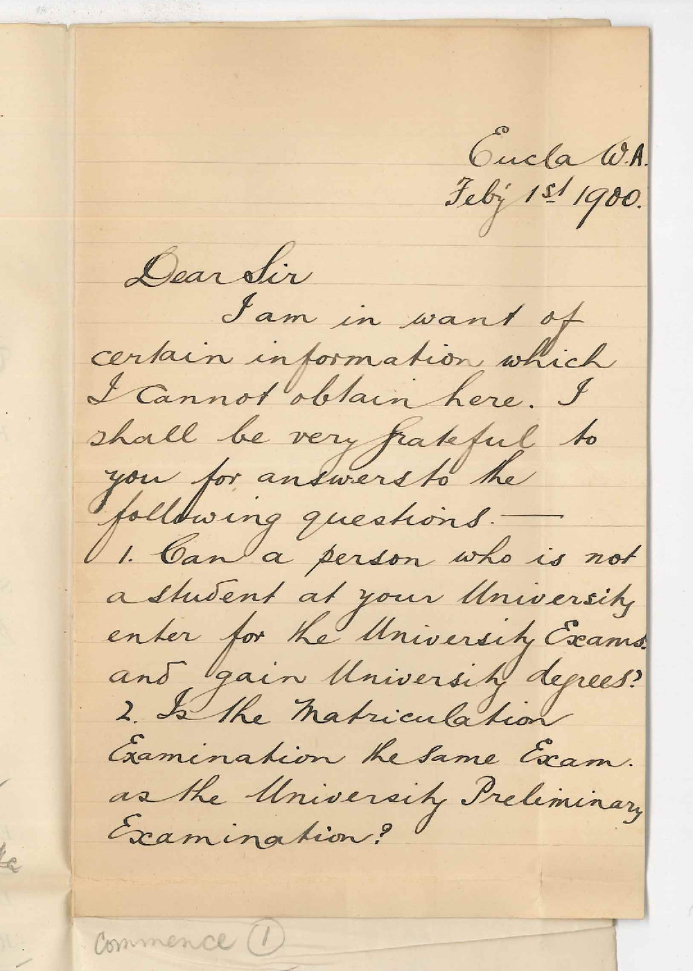 F G Simmons - Eucla WA - Information concerning Public Examinations