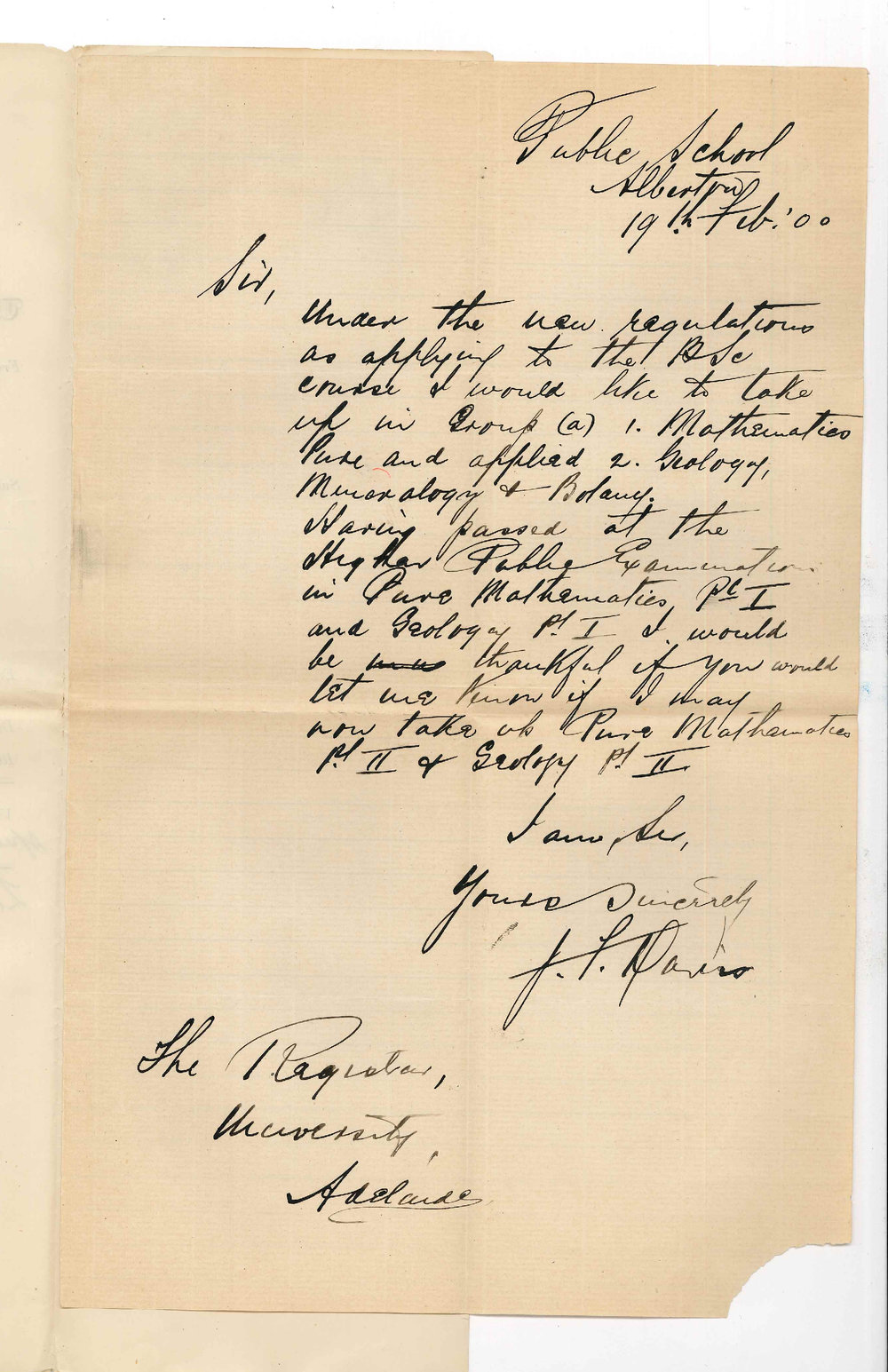 J F Davis - Public School Alberton - Concerning BSc Course