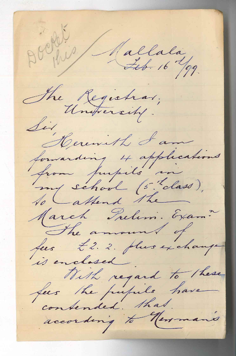 Thomas Niven - Mallala - Asking if Public School Pupils may sit for Preliminary Examination without payment of fee