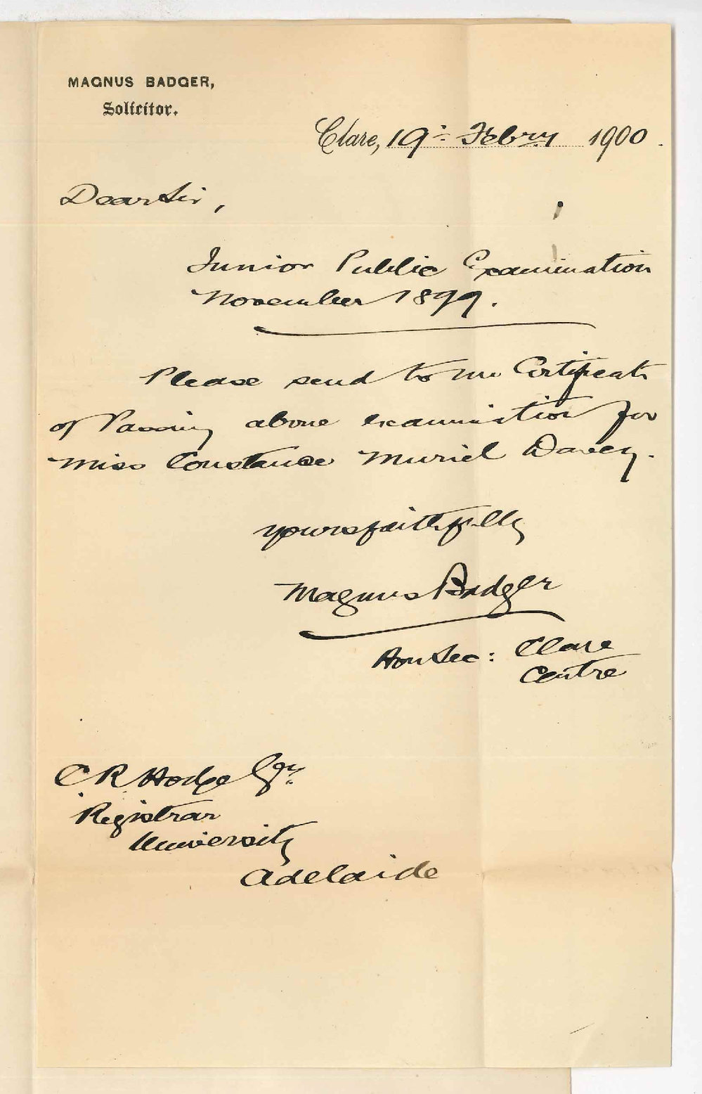 Magnus Badger - Clare - Requesting Miss Constance Muriel Davey's Junior Public Certificate
