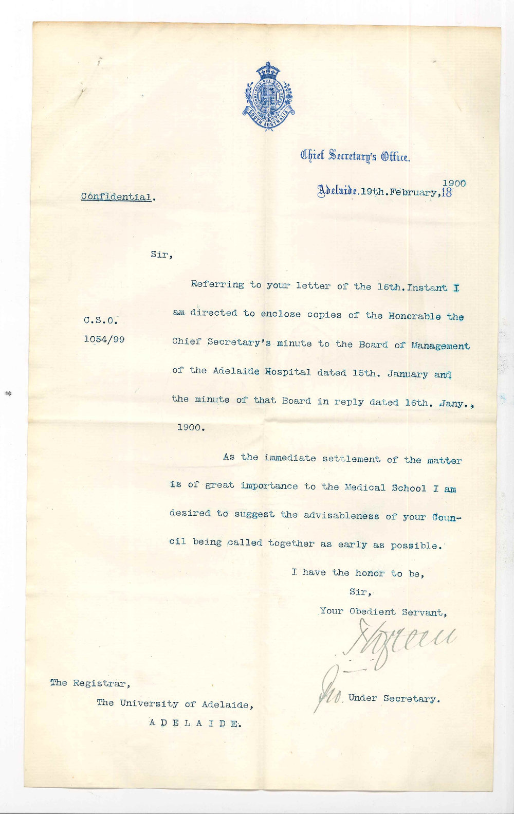 H D Haggard - The Chief Secretary - Adelaide - Forwarding copies of Chief Secretarys Minutes to Adelaide Hospital and Minutes of Hospital in reply
