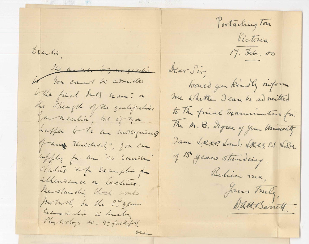 W A H Barrett - Portarlington Victoria - Concerning MB Course