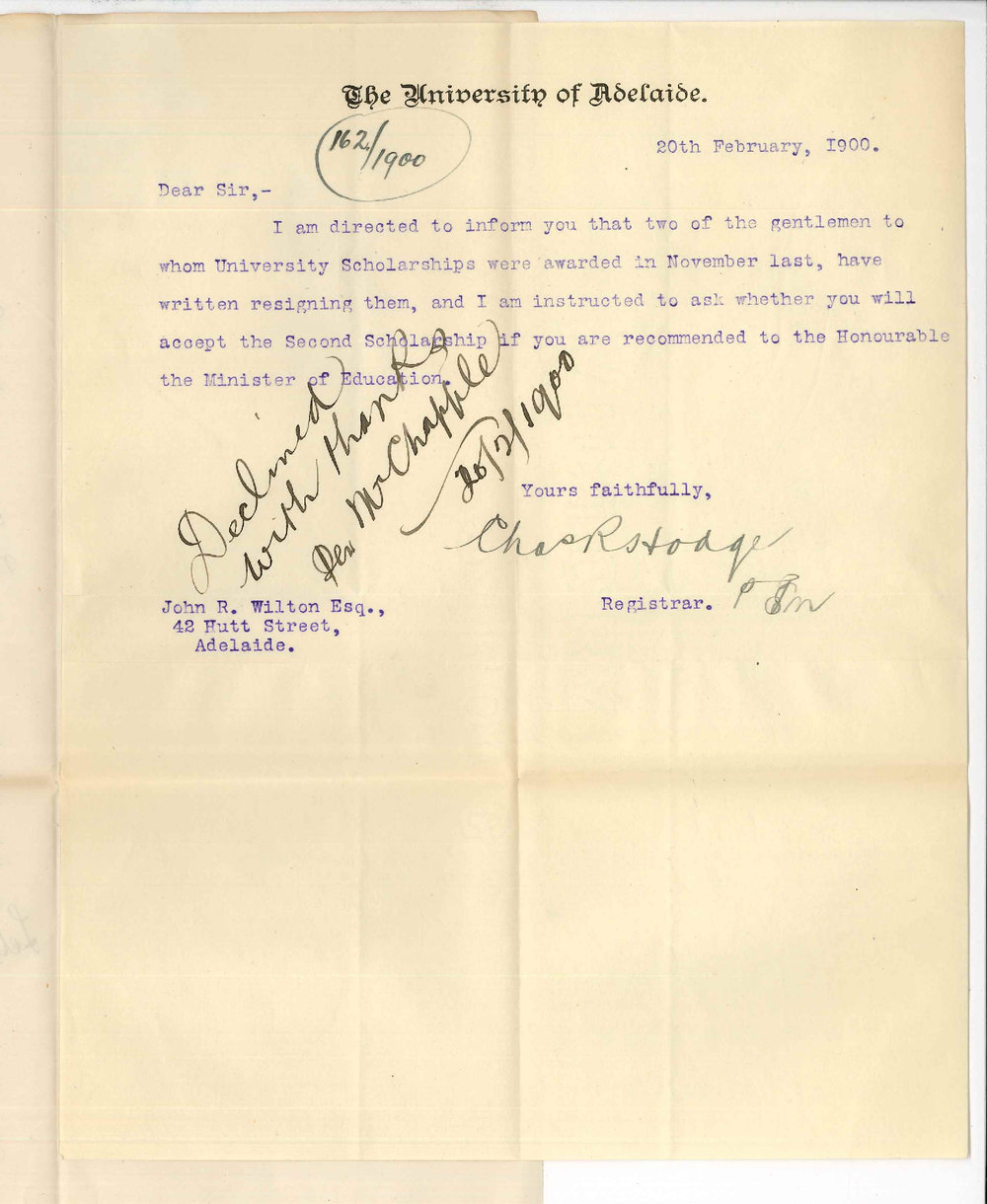 John R Wilton - Prince Alfred College - Unable to accept Entrance Scholarship