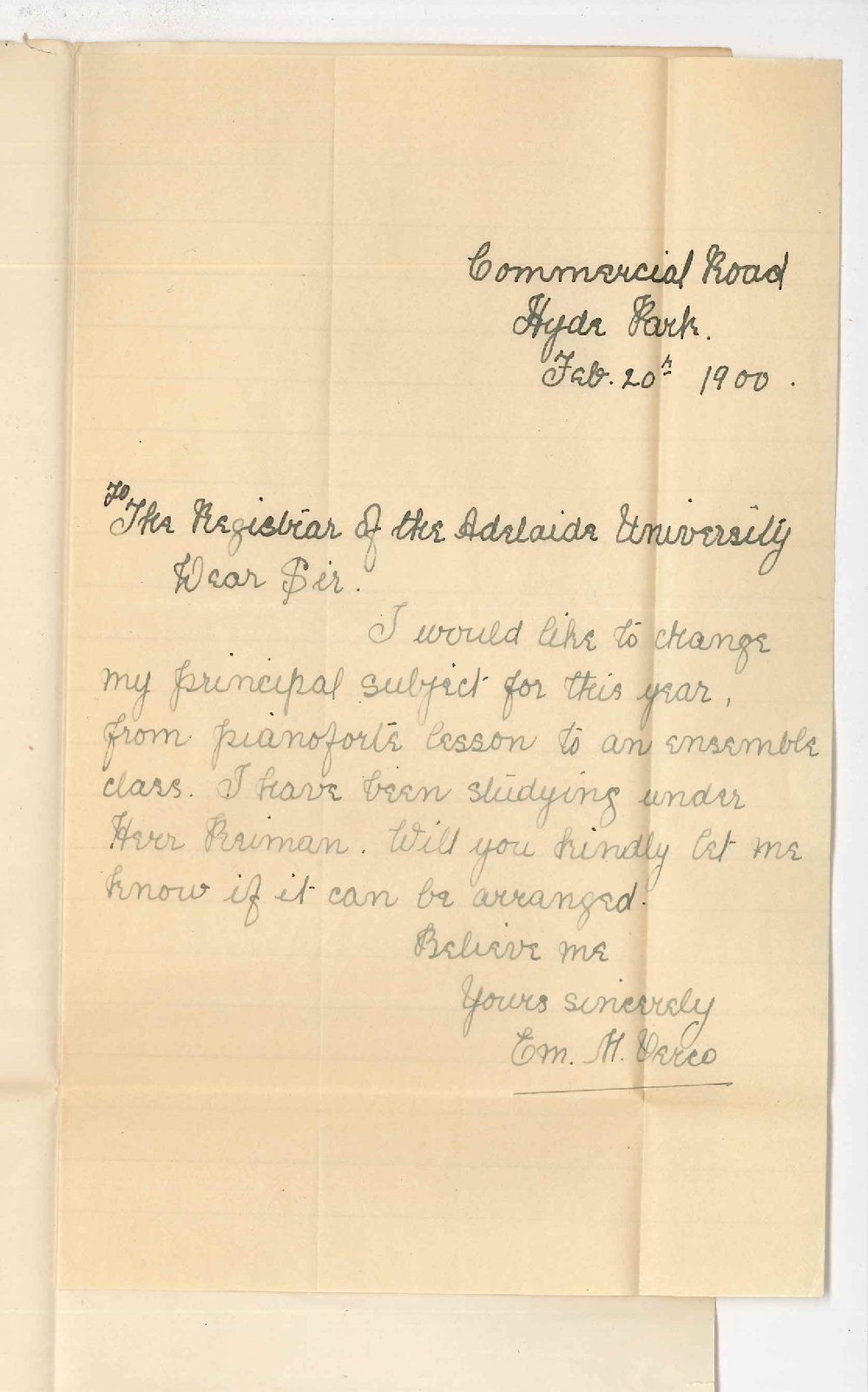 Miss E M Verco - Hyde Park - Studies at Conservatorium