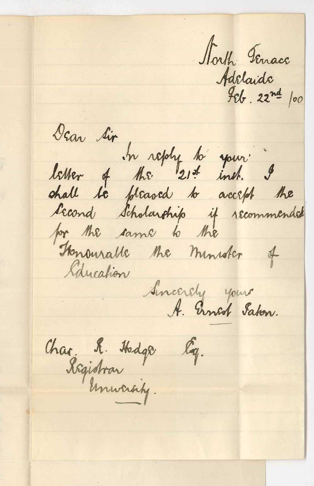 Adolph Ernest Paton - Adelaide - Accepting Entrance Scholarship