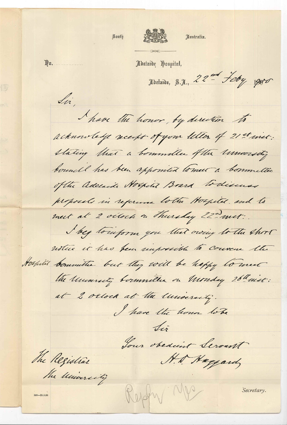 H D Haggard - Secretary - Adelaide Hospital - Meeting of University and Hospital Committees