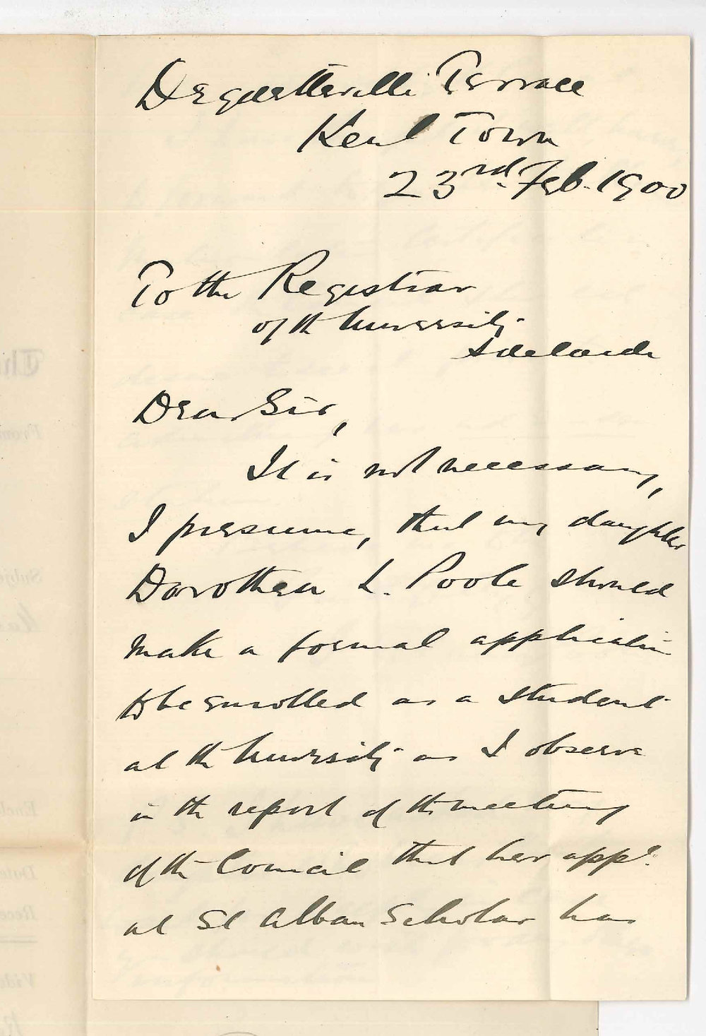 Reverend F Slaney Poole - Kent Town - Forwarding Matriculation Certificate for Miss Dorothea Landon Poole