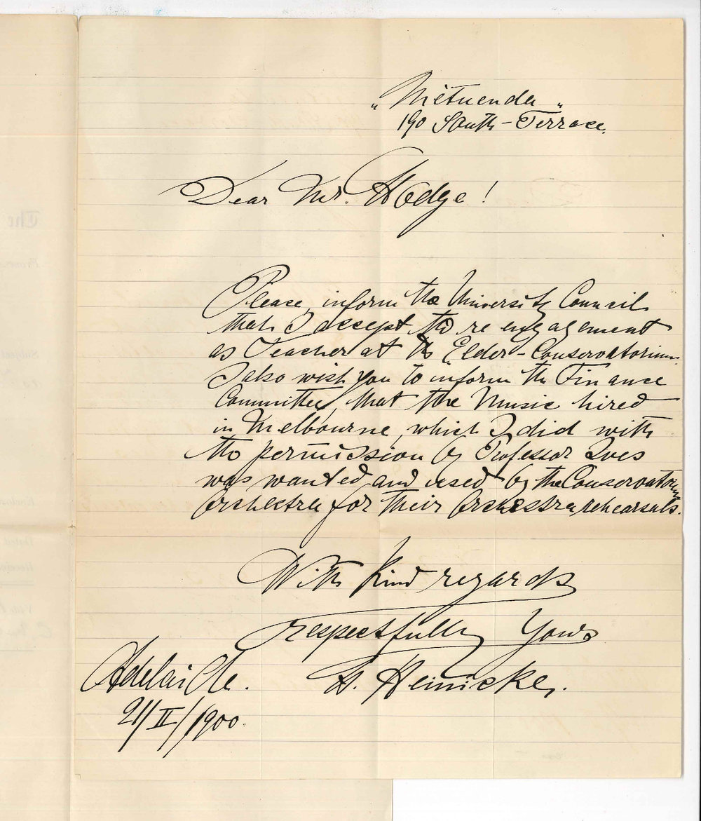 Hermann Heinicke - Adelaide - Accepting re-engagement as Teacher at the Conservatorium