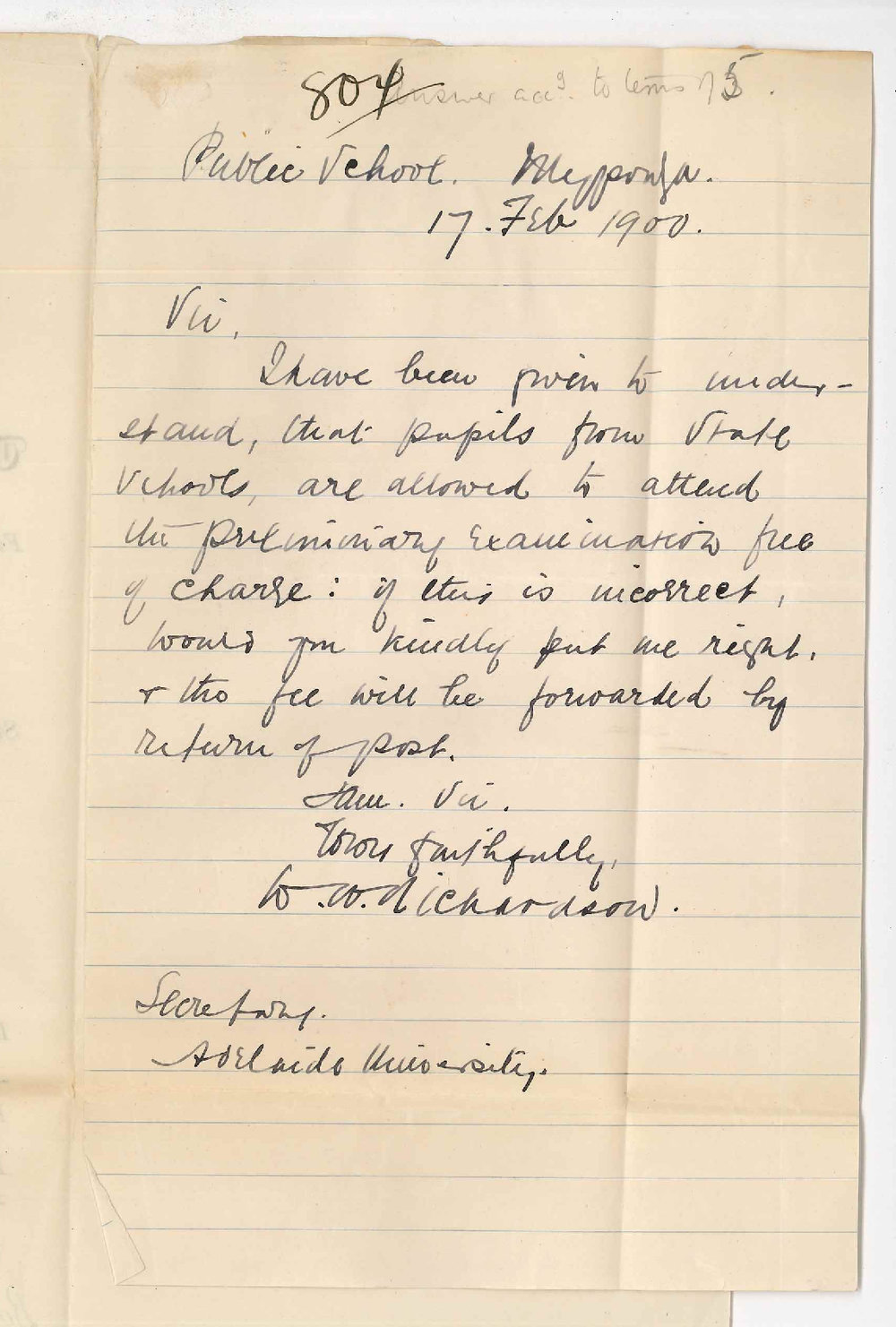 W W Richardson - Public School Myponga - Preliminary Examination