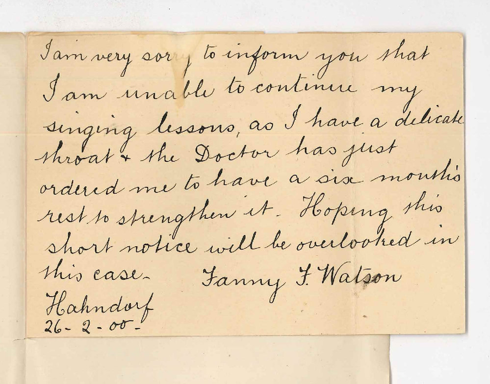 Miss Fanny Watson - Hahndorf - Discontinuing lessons at the Conservatorium